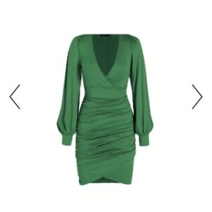 Cider Green Ruched V-Neck Long Sleeve Mini Dress
